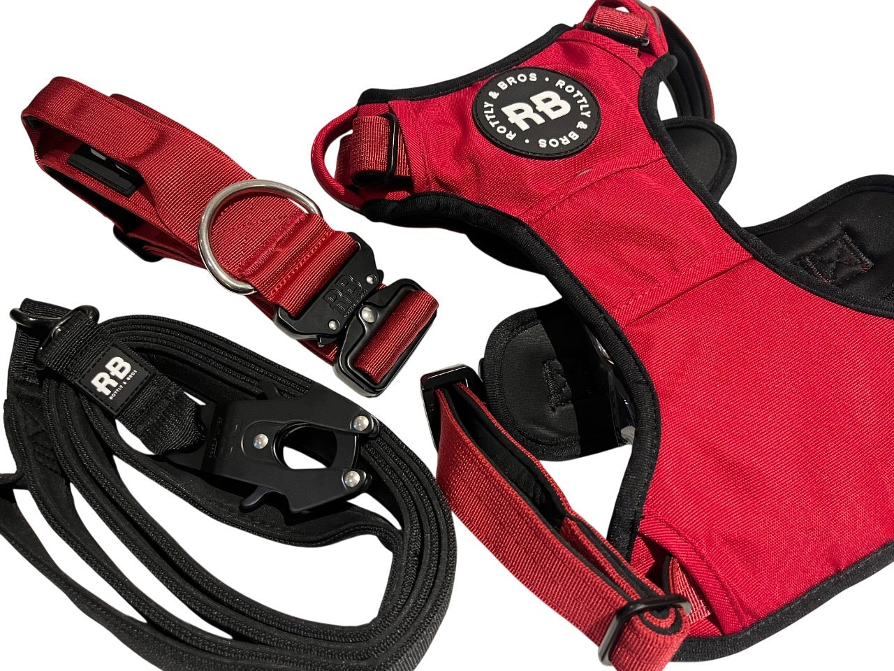 Pack Joy completo Rojo ( Collar rojo + arnés rojo + correa ranger negra de 1.5m)